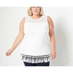J Jason Wu Sweater Tunic ~ M Sleeveless Fringe White Knit Tank Crochet A397506